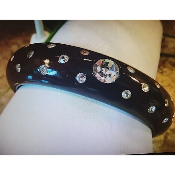 Rare Vintage Black Bangle Cuff Crescent Moon Clip Earrings Set AB Rhinestones - Picture 7 of 11